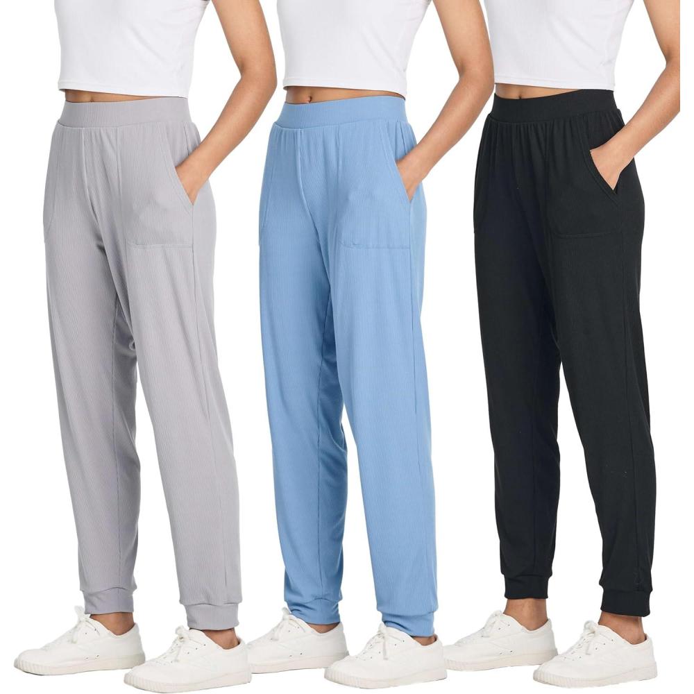 imageReal Essentials 3 Pack Womens Ribbed Lounge Jogger Casual Pants Cuffed Sweatpants with Pockets Available in PlusSet 2