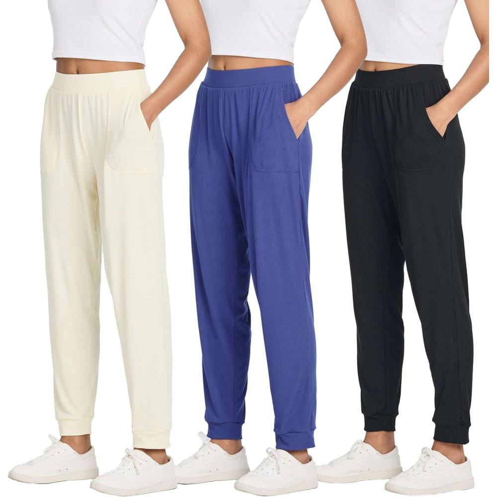 imageReal Essentials 3 Pack Womens Ribbed Lounge Jogger Casual Pants Cuffed Sweatpants with Pockets Available in PlusSet 4