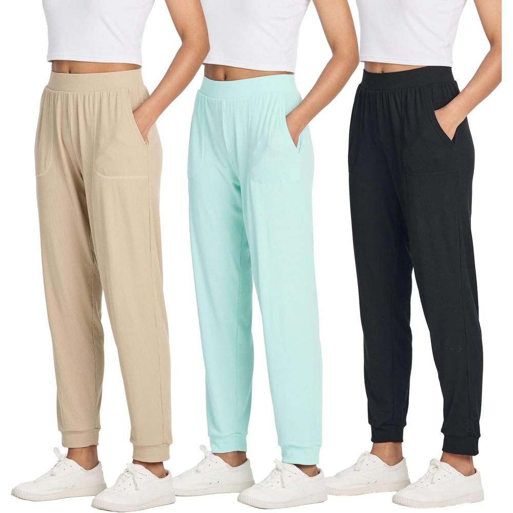 imageReal Essentials 3 Pack Womens Ribbed Lounge Jogger Casual Pants Cuffed Sweatpants with Pockets Available in PlusSet 8