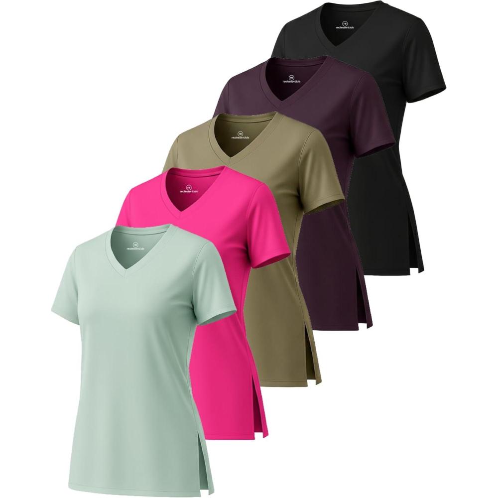 imageReal Essentials 5 Pack Womens Short Sleeve Split Hem VNeck TShirts Athletic Tops Gym Workout Yoga Activewear PlusSet 4