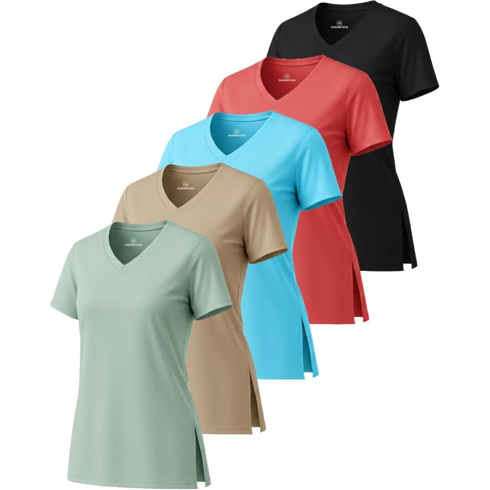 imageReal Essentials 5 Pack Womens Short Sleeve Split Hem VNeck TShirts Athletic Tops Gym Workout Yoga Activewear PlusSet 7