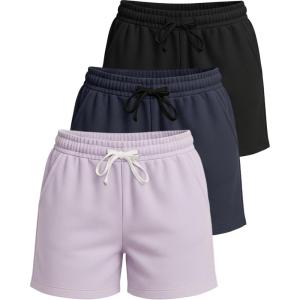 Real Essentials 3 Pack: Women’s Cotton Fleece Lounge Pajama Sleep Shorts with Pockets and Drawstring (Available in Plus Size)(Set 1)