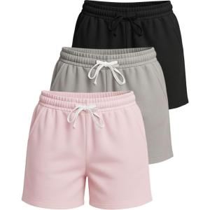 Real Essentials 3 Pack: Women’s Cotton Fleece Lounge Pajama Sleep Shorts with Pockets and Drawstring (Available in Plus Size)(Set 2)