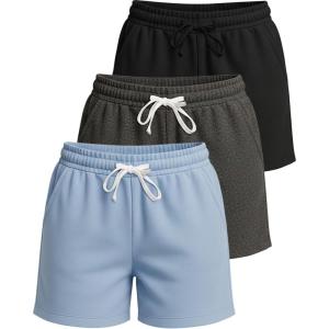 Real Essentials 3 Pack: Women’s Cotton Fleece Lounge Pajama Sleep Shorts with Pockets and Drawstring (Available in Plus Size)(Set 3)