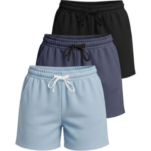 Real Essentials 3 Pack: Women’s Cotton Fleece Lounge Pajama Sleep Shorts with Pockets and Drawstring (Available in Plus Size)(Set 4)