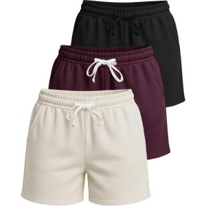 Real Essentials 3 Pack: Women’s Cotton Fleece Lounge Pajama Sleep Shorts with Pockets and Drawstring (Available in Plus Size)(Set 5)