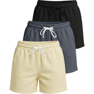 Real Essentials 3 Pack: Women’s Cotton Fleece Lounge Pajama Sleep Shorts with Pockets and Drawstring (Available in Plus Size)(Set 6)