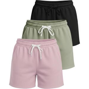 Real Essentials 3 Pack: Women’s Cotton Fleece Lounge Pajama Sleep Shorts with Pockets and Drawstring (Available in Plus Size)(Set 7)