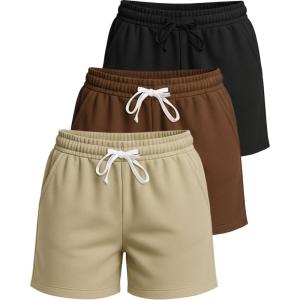 Real Essentials 3 Pack: Women’s Cotton Fleece Lounge Pajama Sleep Shorts with Pockets and Drawstring (Available in Plus Size)(Set 8)