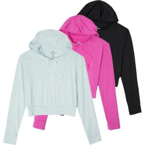 Real Essentials 3 Pack: Women’s Dry-Fit Long Sleeve Cropped Hoodie – Athletic Hooded Crop Sweatshirt (Available in Plus Size)(Set 4)
