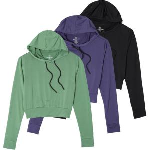 Real Essentials 3 Pack: Women’s Dry-Fit Long Sleeve Cropped Hoodie – Athletic Hooded Crop Sweatshirt (Available in Plus Size)(Set 8)