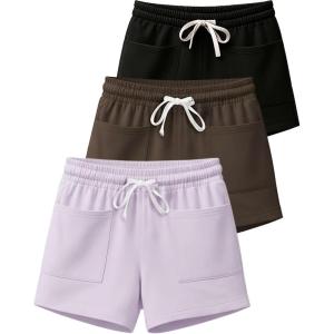 Real Essentials 3 Pack: Women’s French Terry Square Pocket Shorts Lounge, Casual Shorts with Pockets (Available in Plus)(Set 2)
