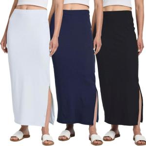 Real Essentials 3 Pack: Women’s Ribbed High Waisted Maxi Skirt with Side Slit – Casual Long Pencil Skirt(Set 3)