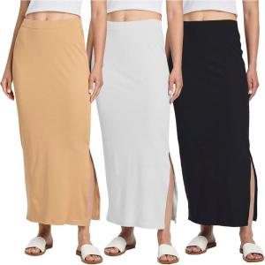 Real Essentials 3 Pack: Women’s Ribbed High Waisted Maxi Skirt with Side Slit – Casual Long Pencil Skirt(Set 6)