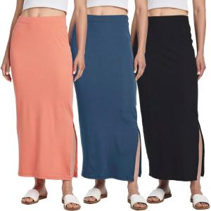 Real Essentials 3 Pack: Women’s Ribbed High Waisted Maxi Skirt with Side Slit – Casual Long Pencil Skirt(Set 7)