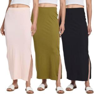 Real Essentials 3 Pack: Women’s Ribbed High Waisted Maxi Skirt with Side Slit – Casual Long Pencil Skirt(Set 8)