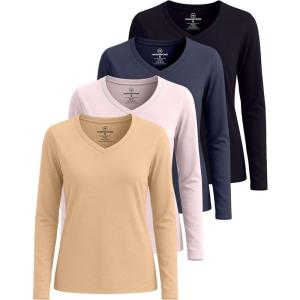 Real Essentials 4 Pack: Women’s V-Neck Cotton Long-Sleeve T-Shirt (Available in Plus Size)(Set 3)