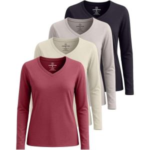 Real Essentials 4 Pack: Women’s V-Neck Cotton Long-Sleeve T-Shirt (Available in Plus Size)(Set 5)