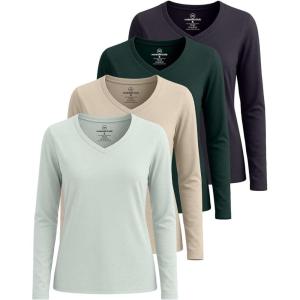 Real Essentials 4 Pack: Women’s V-Neck Cotton Long-Sleeve T-Shirt (Available in Plus Size)(Set 7)