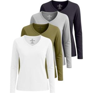 Real Essentials 4 Pack: Women’s V-Neck Cotton Long-Sleeve T-Shirt (Available in Plus Size)(Set 8)