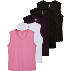Real Essentials 5 Pack: Women’s 100% Cotton V-Neck Sleeveless Tank Top Basic Ladies Casual Shirts (Available in Plus Size)(Set 4)