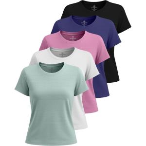 Real Essentials 5 Pack: Women’s Breeze Tech Short Sleeve T-Shirts Athletic Tops Gym Workout Yoga Tennis Activewear (Plus)(Set 1)