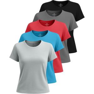 Real Essentials 5 Pack: Women’s Breeze Tech Short Sleeve T-Shirts Athletic Tops Gym Workout Yoga Tennis Activewear (Plus)(Set 2)