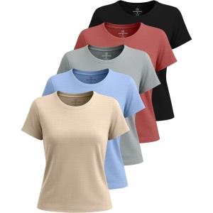 Real Essentials 5 Pack: Women’s Breeze Tech Short Sleeve T-Shirts Athletic Tops Gym Workout Yoga Tennis Activewear (Plus)(Set 8)