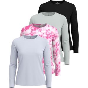 Real Essentials 4 Pack: Women’s UPF 50+ Quick Dry Fit Sun Shirts Long Sleeve UV SPF Hiking Top Outdoor (Available in Plus)(Set 1)