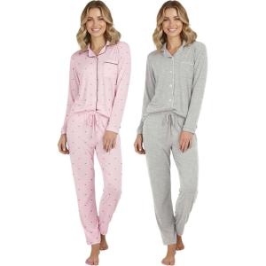 Real Essentials 2 Pack: Women’s Pajamas Set Button Down Pants Soft Matching Sleepwear (Available In Plus)