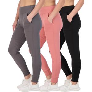 Real Essentials 3 Pack: Women’s Workout Yoga Jogger Track Pants – High Waist Running Athletic Sweatpants with Pockets (Plus)(Set 1)