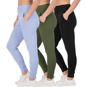 Real Essentials 3 Pack: Women’s Workout Yoga Jogger Track Pants – High Waist Running Athletic Sweatpants with Pockets (Plus)(Set 2)