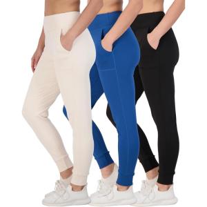 Real Essentials 3 Pack: Women’s Workout Yoga Jogger Track Pants – High Waist Running Athletic Sweatpants with Pockets (Plus)(Set 4)