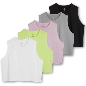 Real Essentials 5 Pack: Women’s Dry Fit Crop Summer Tank Top – Gym Yoga Workout Sports Tee (Available in Plus Size)(Set 5)