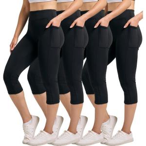 Real Essentials 4 Pack: Women’s Capri Leggings with Pockets Casual Yoga Workout Exercise Pants (Available in Plus Size)(Set 1)