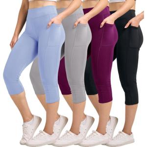 Real Essentials 4 Pack: Women’s Capri Leggings with Pockets Casual Yoga Workout Exercise Pants (Available in Plus Size)(Set 3)