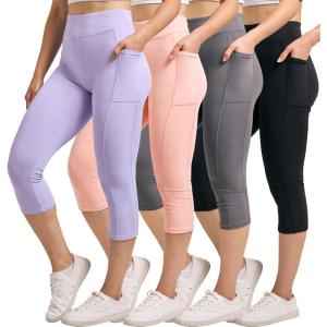 Real Essentials 4 Pack: Women’s Capri Leggings with Pockets Casual Yoga Workout Exercise Pants (Available in Plus Size)(Set 4)