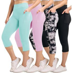 Real Essentials 4 Pack: Women’s Capri Leggings with Pockets Casual Yoga Workout Exercise Pants (Available in Plus Size)(Set 5)