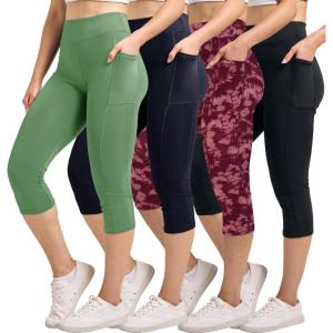 Real Essentials 4 Pack: Women’s Capri Leggings with Pockets Casual Yoga Workout Exercise Pants (Available in Plus Size)(Set 7)