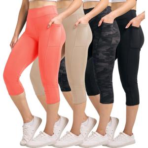Real Essentials 4 Pack: Women’s Capri Leggings with Pockets Casual Yoga Workout Exercise Pants (Available in Plus Size)(Set 8)