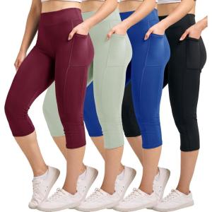 Real Essentials 4 Pack: Women’s Capri Leggings with Pockets Casual Yoga Workout Exercise Pants (Available in Plus Size)(Set 9)