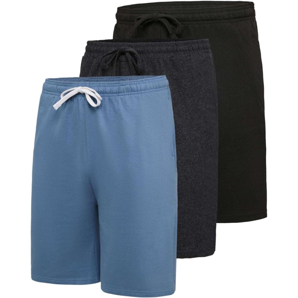 imageReal Essentials 3 Pack Mens 9 Cotton Fleece Sweat Short Casual Gym Lounge amp Sleep Shorts with PocketsSet 3