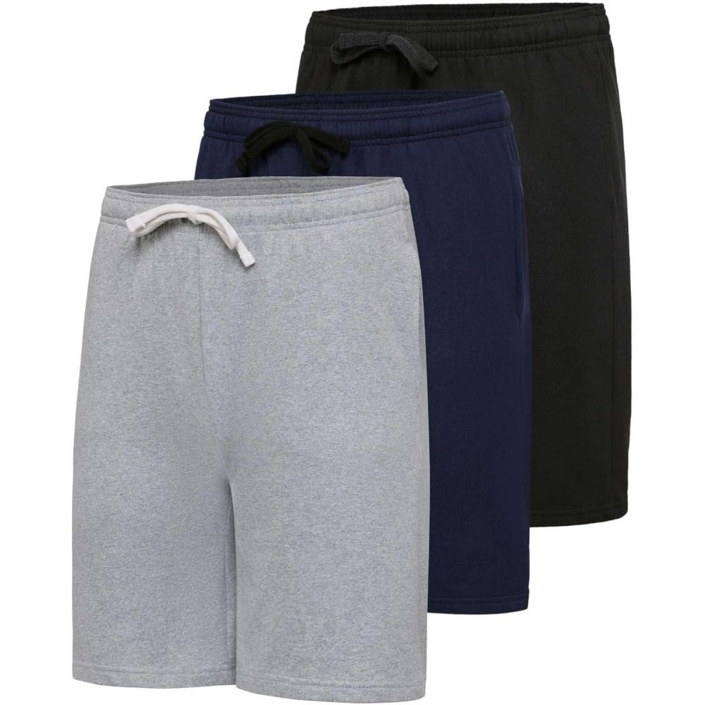 imageReal Essentials 3 Pack Mens 9 Cotton Fleece Sweat Short Casual Gym Lounge amp Sleep Shorts with PocketsSet 4