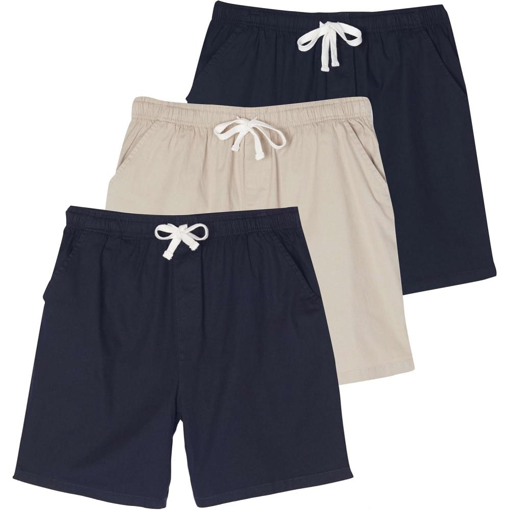 imageReal Essentials 3 Pack Mens 7 Cotton Chino Golf Walking Shorts Elastic Waist Drawstring Back Pockets Casual Lounge HybridSet 4