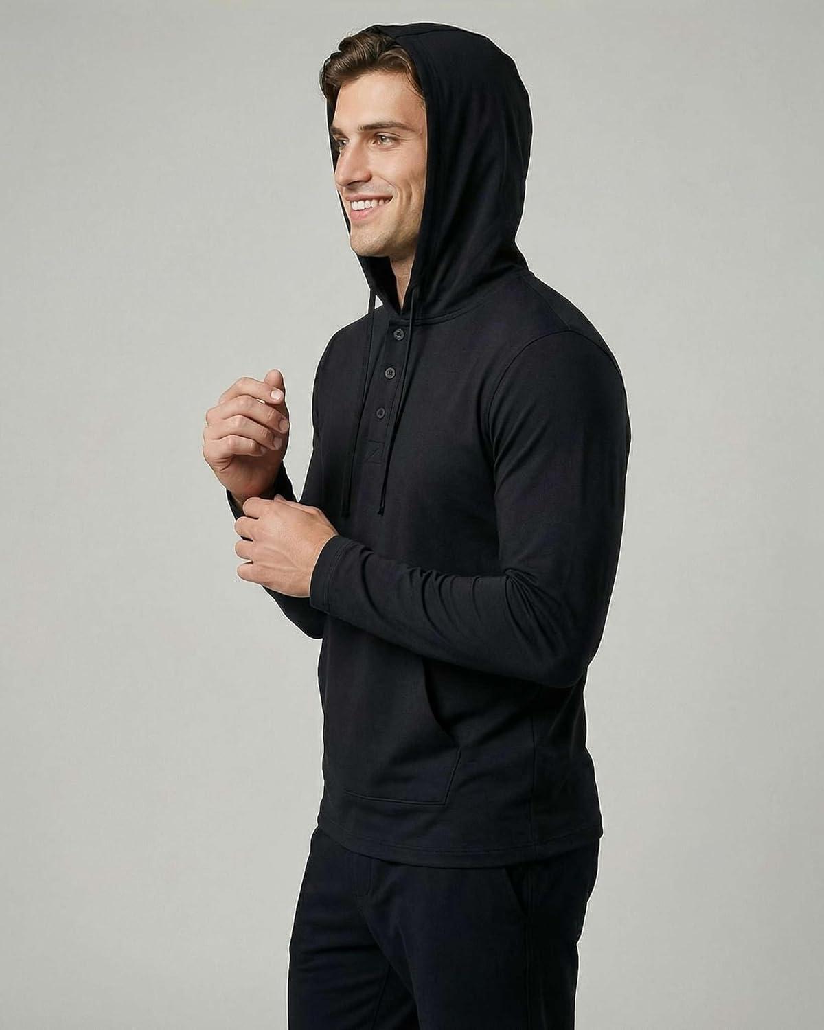 imageReal Essentials 3 Pack Mens Cotton Henley Pullover Hoodie Casual Workout Comfort Long Sleeve Hooded Sweatshirt Big amp TallBlack Chocolate Torte Abbey Stone