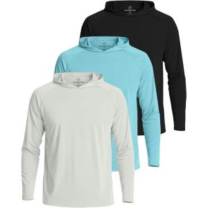 Real Essentials 3 Pack: Men’s Long Sleeve Rash Guard Hoodie – SPF UV Sun Protection Workout Fishing Swim Shirts (Big & Tall)(Set 1)