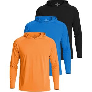 Real Essentials 3 Pack: Men’s Long Sleeve Rash Guard Hoodie – SPF UV Sun Protection Workout Fishing Swim Shirts (Big & Tall)(Set 5)