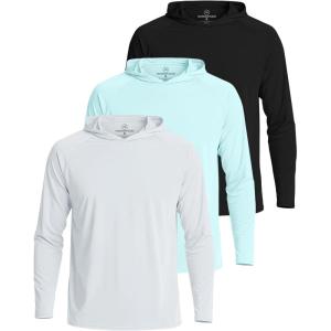 Real Essentials 3 Pack: Men’s Long Sleeve Rash Guard Hoodie – SPF UV Sun Protection Workout Fishing Swim Shirts (Big & Tall)(Set 7)