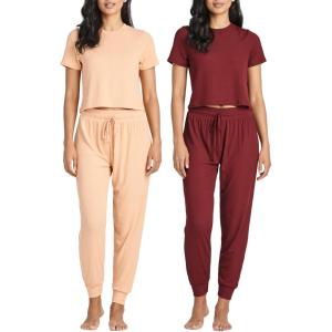 Real Essentials 2 Pack: Women’s Ribbed Knit Lounge Sets – Short Sleeve Top with Jogger Sweatpants(With Jogger Set 1)