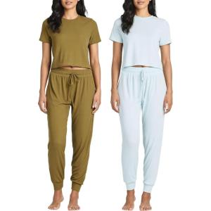 Real Essentials 2 Pack: Women’s Ribbed Knit Lounge Sets – Short Sleeve Top with Jogger Sweatpants(With Jogger Set 2)